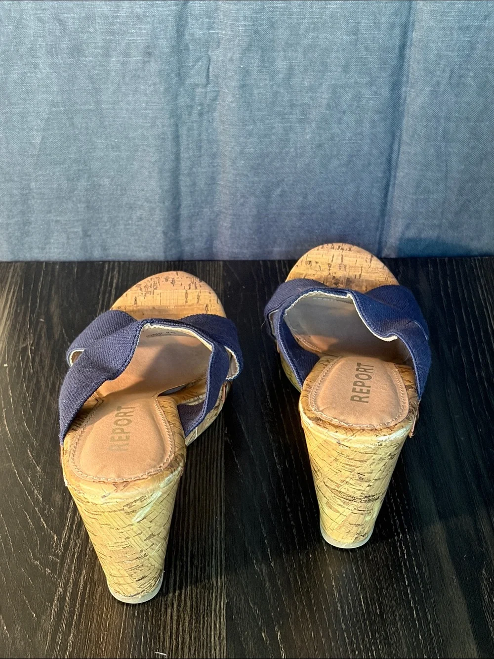 Report Navy Crisscross Cork Wedge Sandals